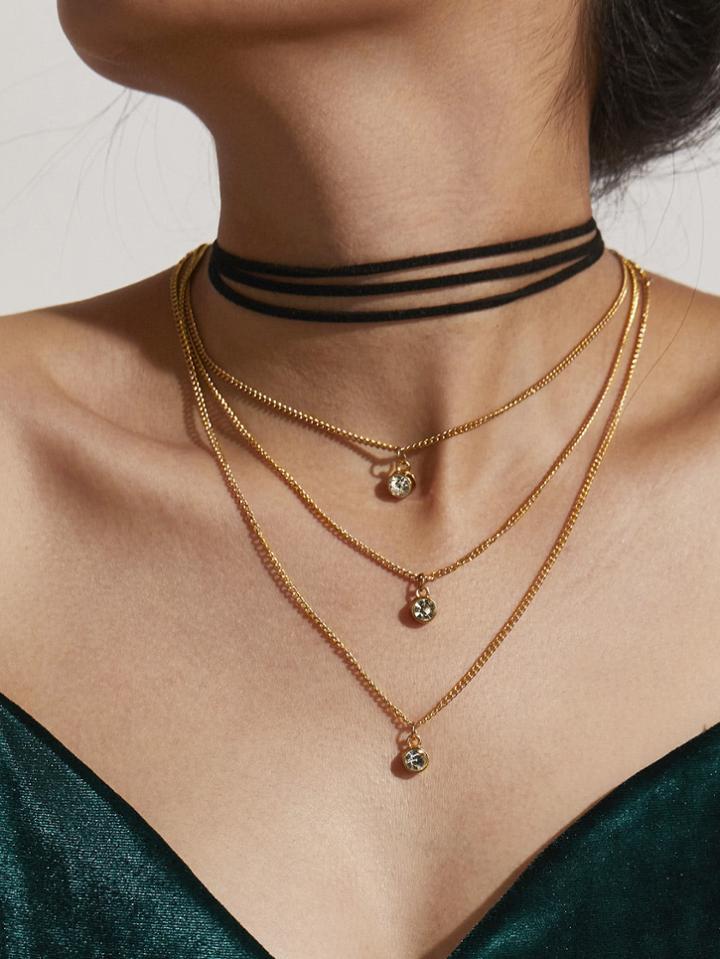 Shein Rhinestone Pendant Necklace & Velvet Choker Set