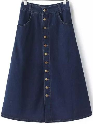 Shein Blue Buttons Pockets Denim A Line Skirt