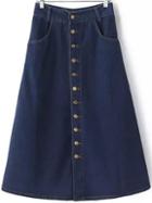 Shein Blue Buttons Pockets Denim A Line Skirt