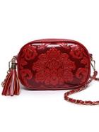 Shein Flower Embossed Tassel Zip Chain Strap Bag - Red