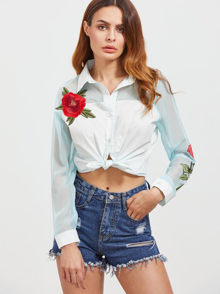 Shein Embroidered Rose Applique Contrast Raglan Sleeve Shirt