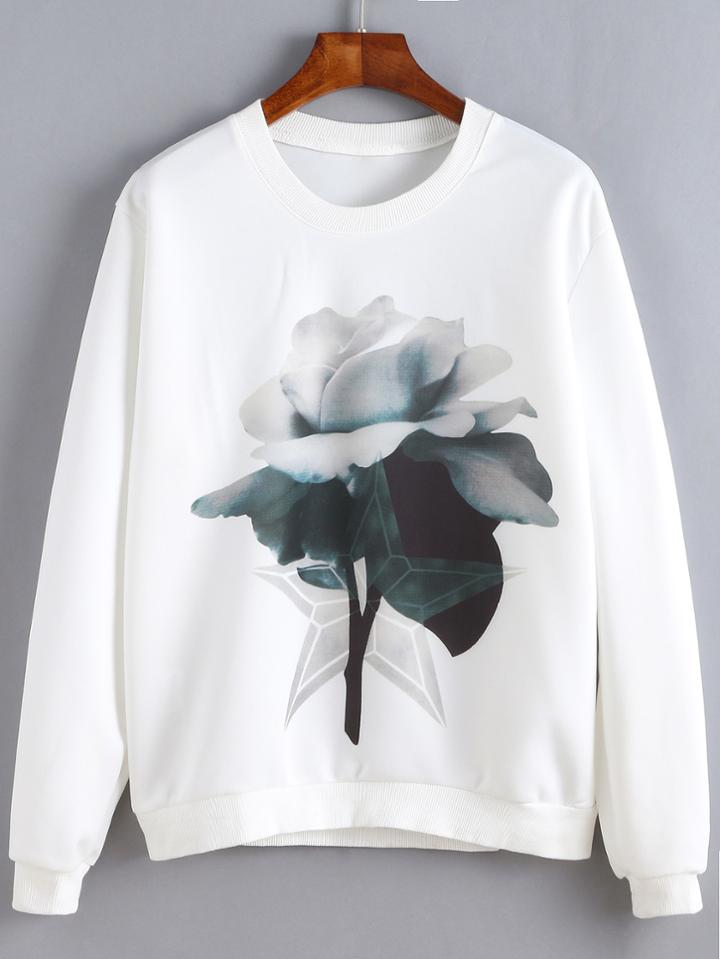 Shein White Flower Print Sweatshirt