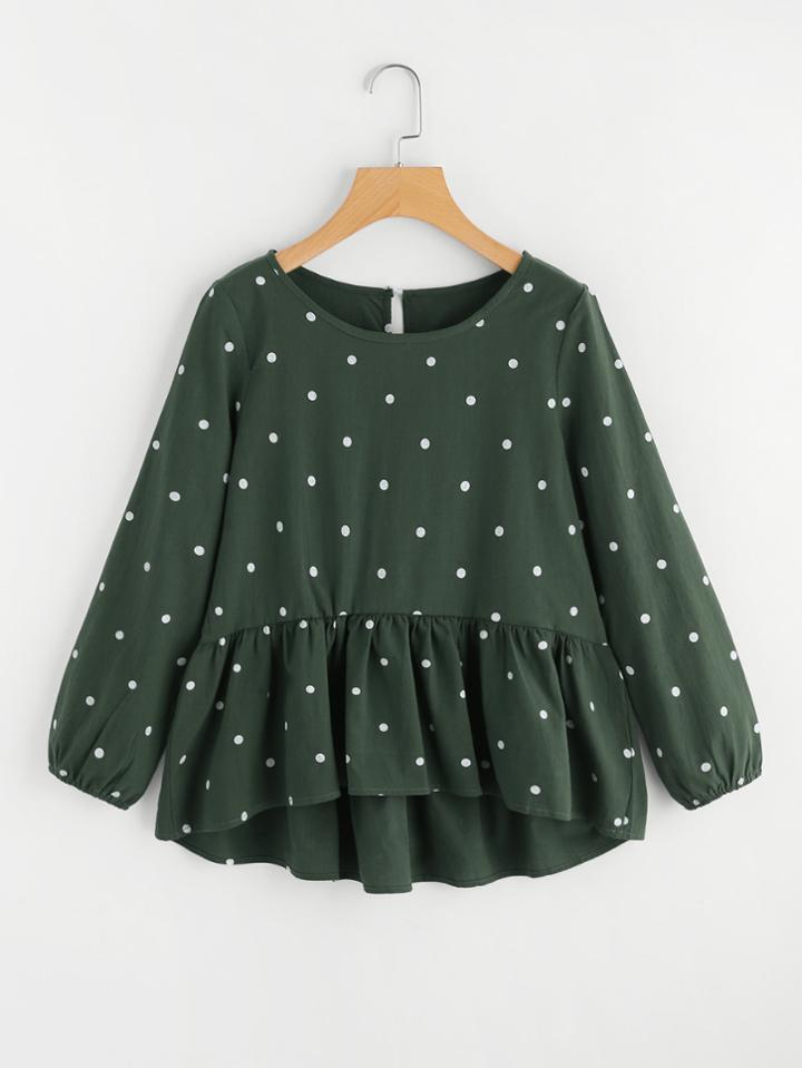Shein Polka Dot Print Frill Dip Hem Blouse