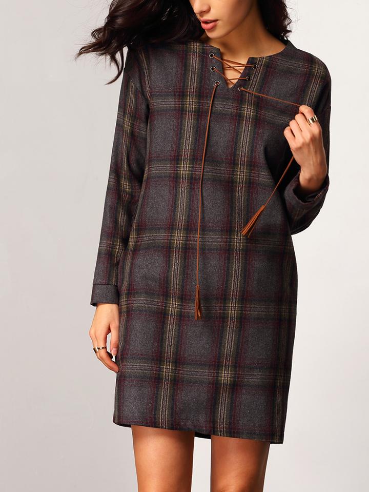 Shein Grey Long Sleeve Plaid Lace Up Dress