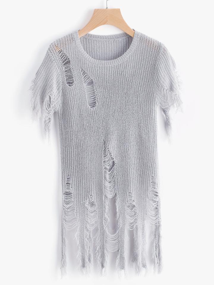 Shein Ripped Longline Short Sleeve Sweater