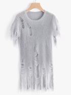 Shein Ripped Longline Short Sleeve Sweater
