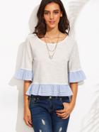 Shein Contrast Frill Hem Elbow Sleeve Top