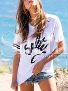 Shein White Salty Print Stripe Sleeve Casual T-shirt