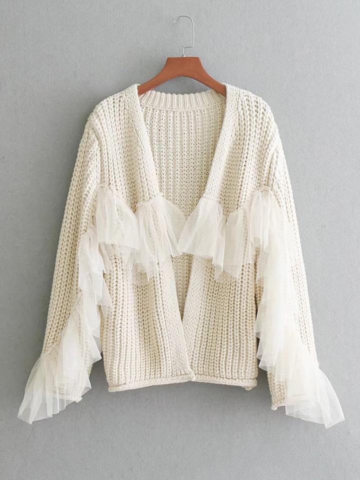 Shein Frill Mesh Insert Chunky Knit Cardigan