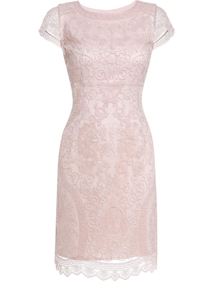Shein Pink Crew Neck Embroidered Lace Sheath Dress