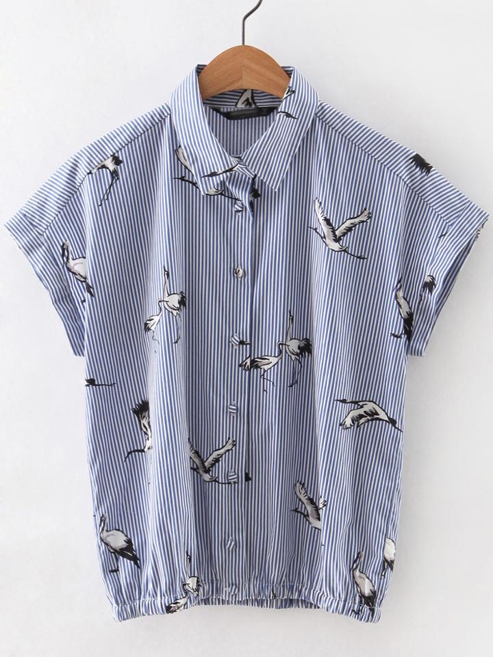 Shein Blue Lapel Elastic Waist Printed Button Blouse
