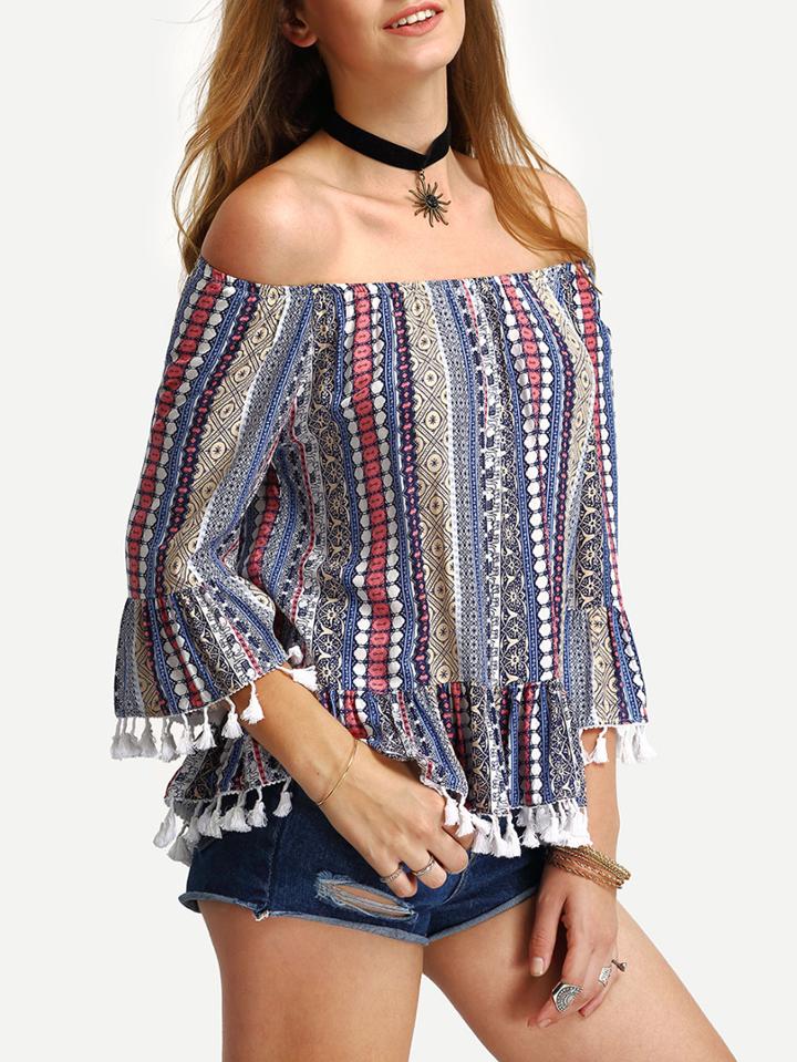 Shein Tribal Print Off-the-shoulder Tassel Trimmed Blouse