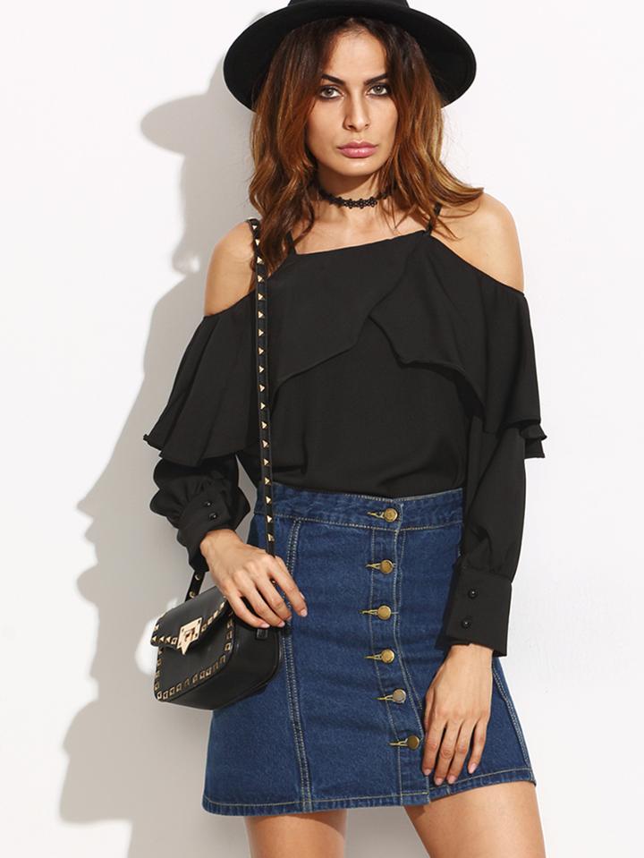 Shein Black Cold Shoulder Ruffle Layered Top