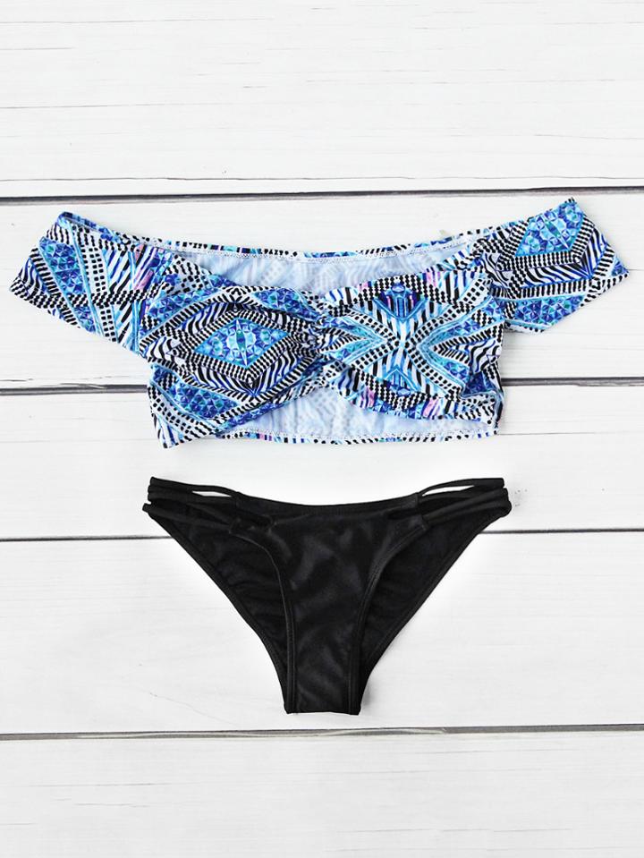 Shein Graphic Print Bardot Mix & Match Bikini Set