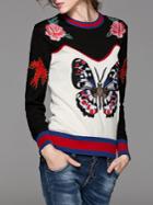 Shein Black Color Block Butterfly Embroidered Sweater