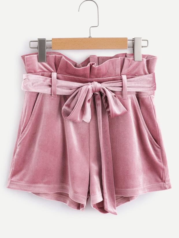 Shein Self Belted Frilled Waist Velvet Shorts