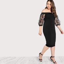 Shein Plus Bardot Pencil Dress With Embroidered Mesh Sleeve