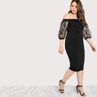Shein Plus Bardot Pencil Dress With Embroidered Mesh Sleeve