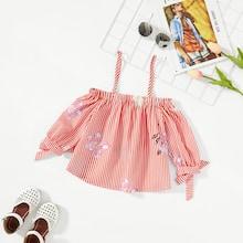 Shein Girls Stripe & Flower Print Frilled Bardot Blouse