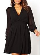 Rosewe Charming  V Neck Long Sleeve Chiffon Dress Black