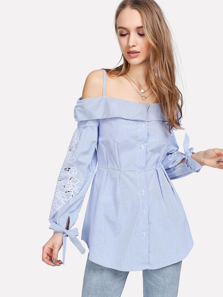 Shein Embroidered Detail Cold Shoulder Striped Blouse