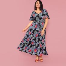 Shein Plus Botanical Print Self Belted Dress