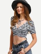 Shein Grey White Striped Tie Back Crop T-shirt