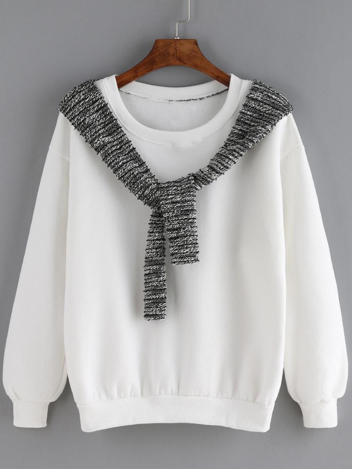 Shein White Round Neck Shawl Embellished Sweatshirt