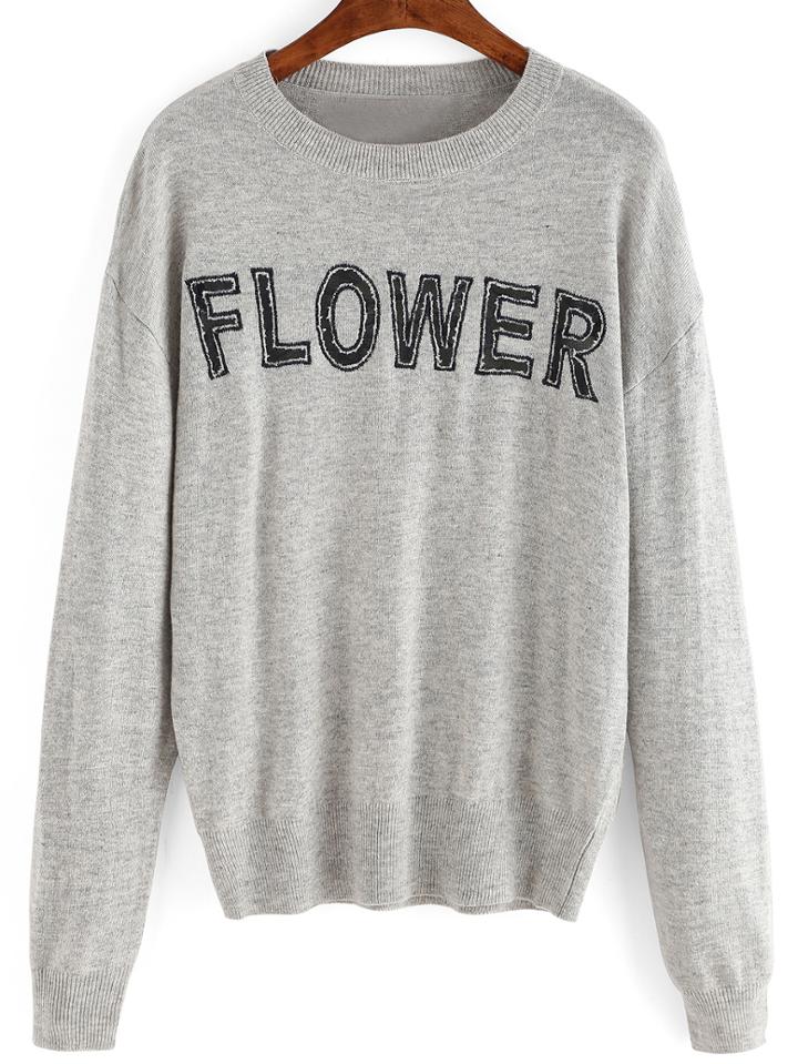 Shein Grey Crew Neck Letters Embroidered Knitwear