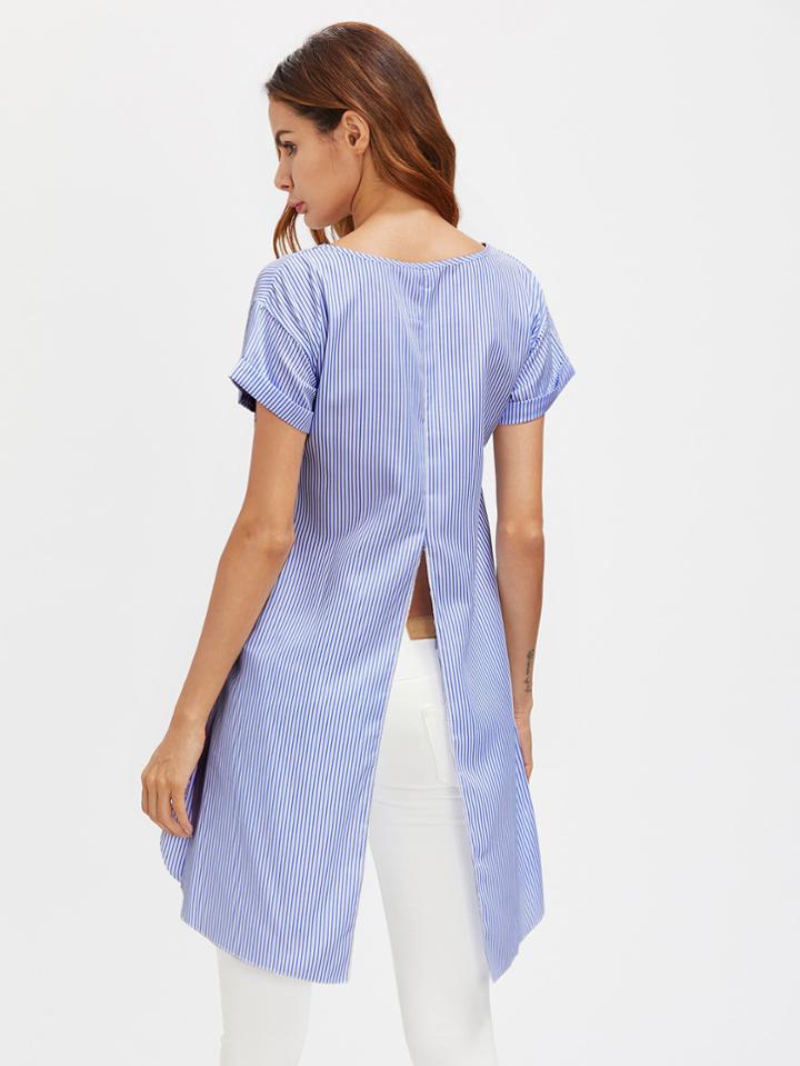 Shein Vertical Striped Slit Back Dip Hem Cuffed Blouse