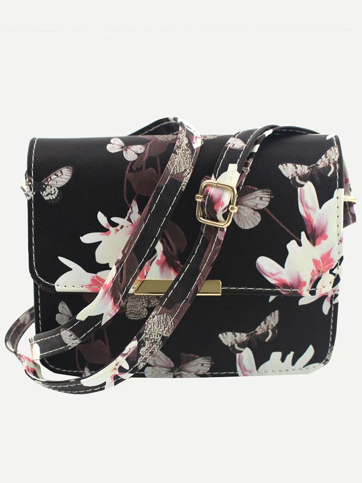 Shein Flower & Butterfly Print Flap Bag - Black