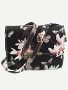 Shein Flower & Butterfly Print Flap Bag - Black