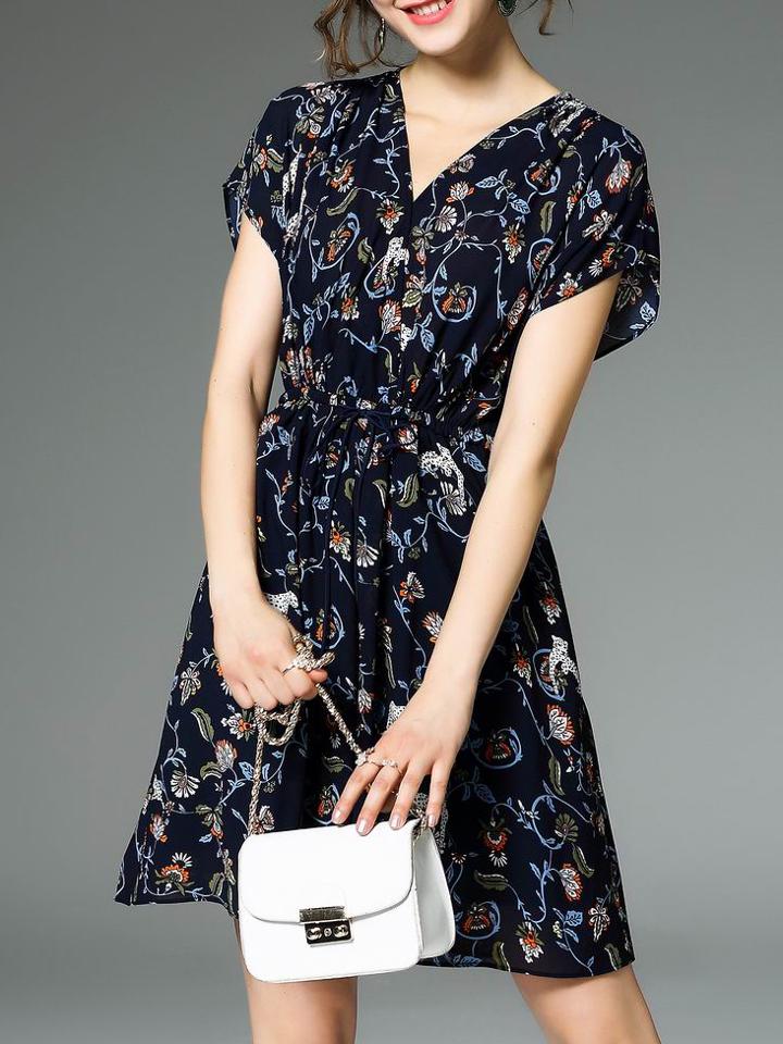 Shein Navy V Neck Drawstring Print Dress