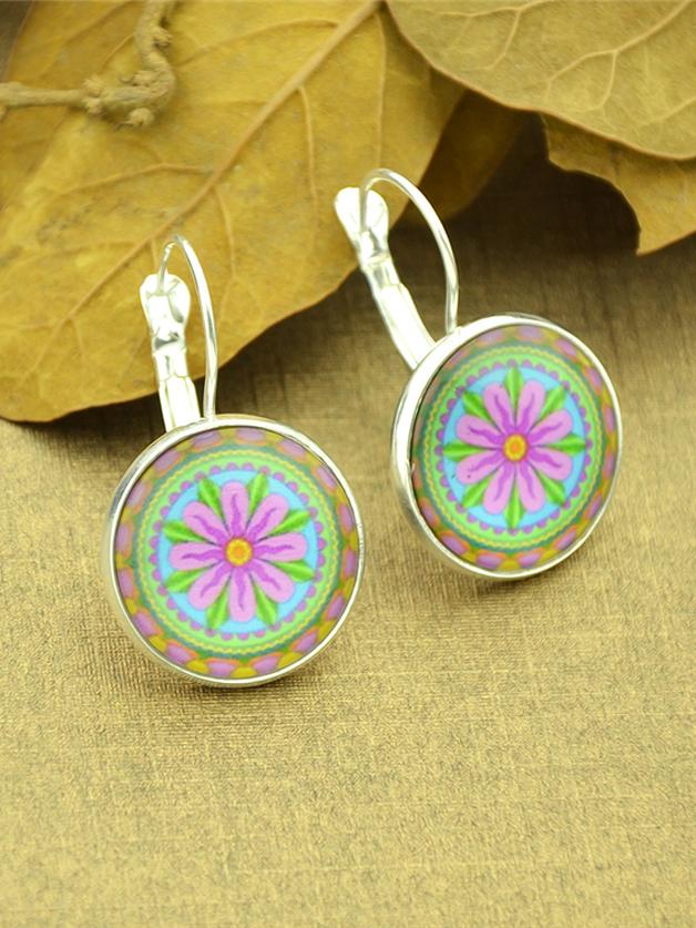 Shein Silver Ethnic Flower Plain Round Hoop Earrings For Women