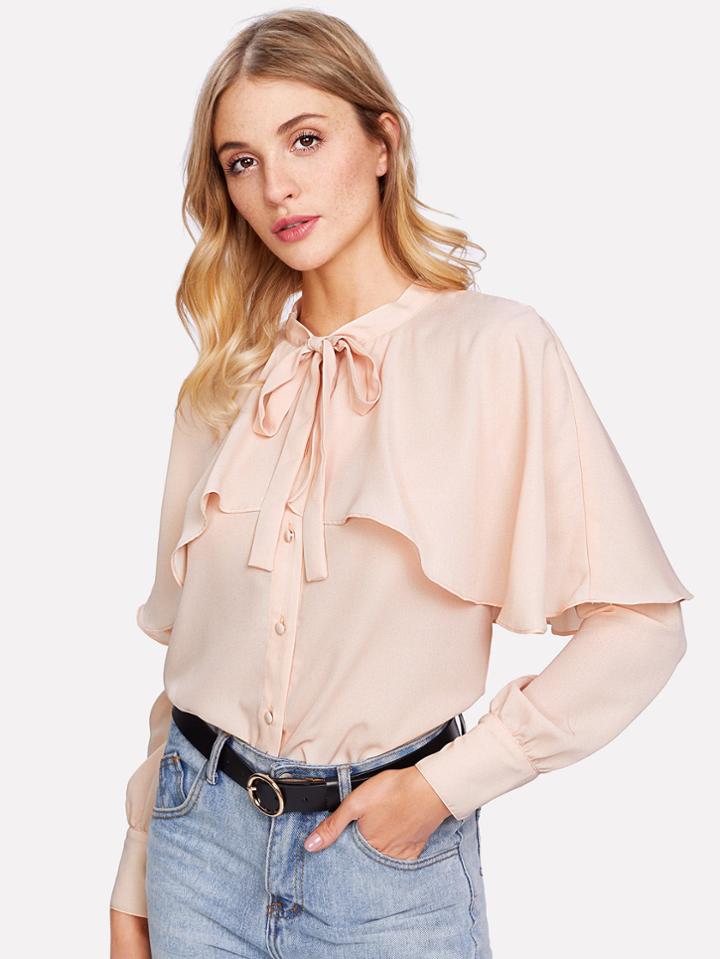 Shein Bow Tie Neck Ruffle Trim Cape Blouse
