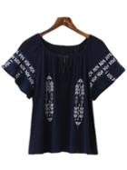 Shein Navy Short Sleeve Tie Neck Tassel Embroidery Blouse