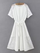 Shein White Lace Slim Dress With Belt