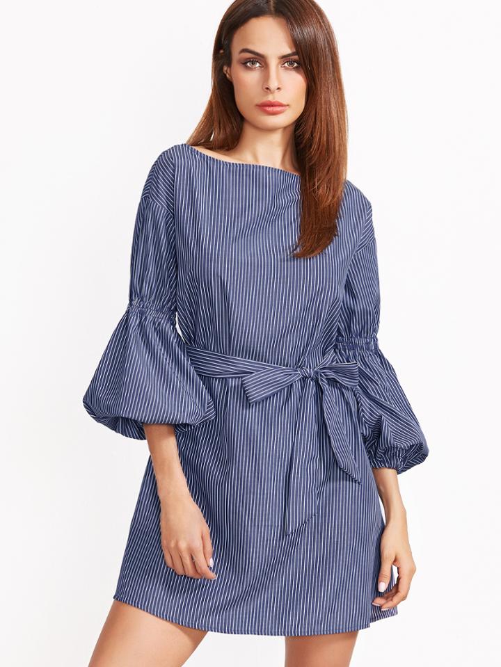 Shein Blue Striped Lantern Sleeve Self Belt Dress