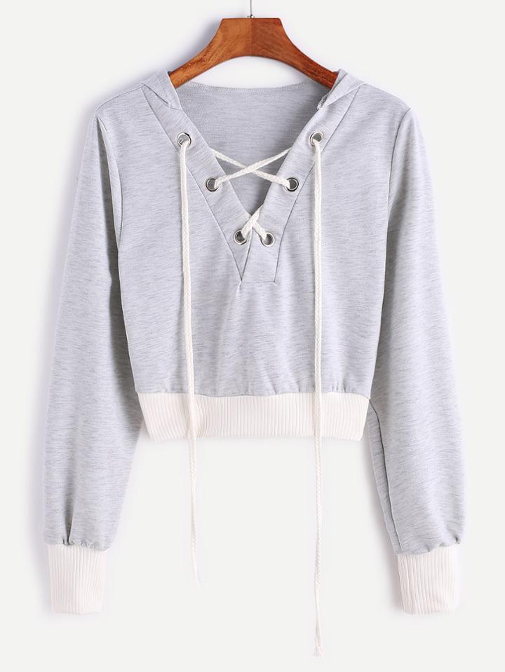 Shein Contrast Ribbed Trim Hooded Lace Up Crop Sweatshirt