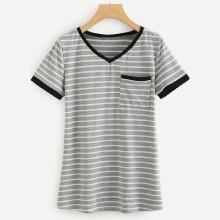 Shein V Neckline Chest Pocket Striped Tee