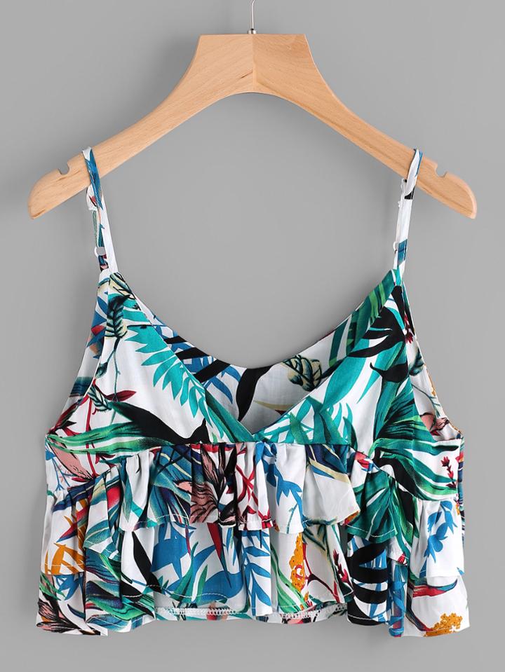 Shein Frill Layered Tropical Print Crop Cami Top