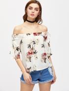 Shein Florals Lace Up Sleeve Bardot Top