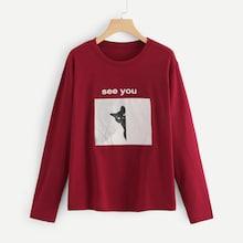 Shein Plus Cat And Letter Printed Tee