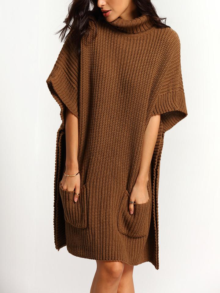 Shein Khaki High Neck Pockets Loose Sweater Dress