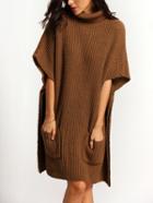 Shein Khaki High Neck Pockets Loose Sweater Dress