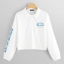 Shein Button Front Letter Print Collar Pullover