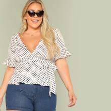 Shein Plus Polka Dot Flounce Sleeve Top