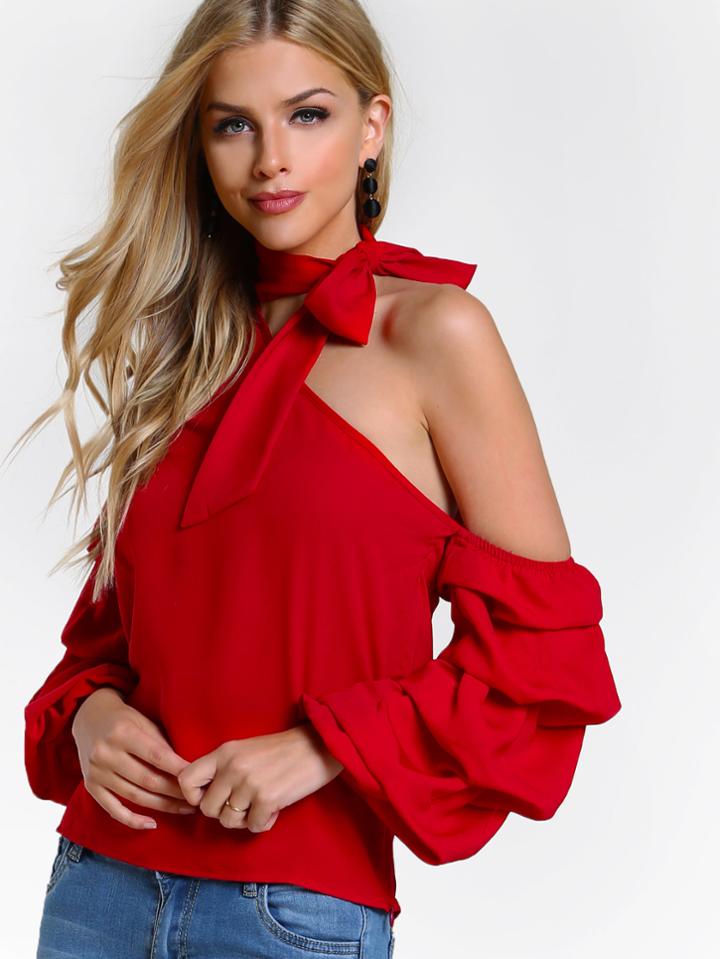 Shein Self Tie Choker Bishop Sleeve Asymmetric One Shoulder Blouse