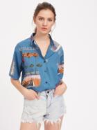 Shein Graphic Print Curved Hem Shirt