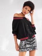Shein Striped Trim Button Up Off Shoulder Jacket